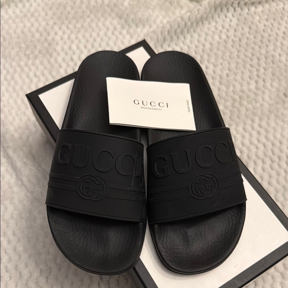 Gucci Black Embossed Slide Sandals